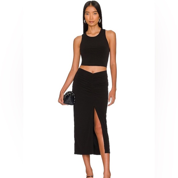 Lanston Dresses & Skirts - Lanston Skirt Ruched Asymmetrical Draped Midi Black Size XS from Revolve NWOT